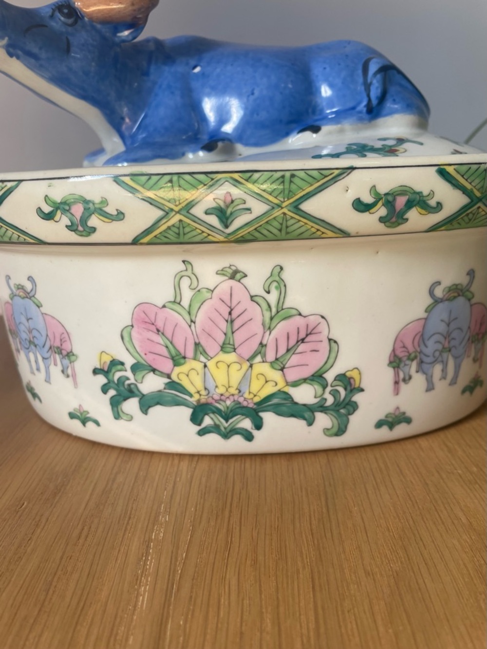 Rare Vintage Ceramic Blue Chinese Water Buffalo Ox Lidded Casserole Dish Tureen - Picture 7 of 14